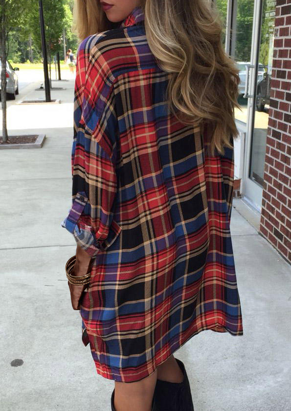 

Mini Dresses Colorful Plaid Turn-Down Collar Mini Dress in Multicolor. Size: L,M,,XL