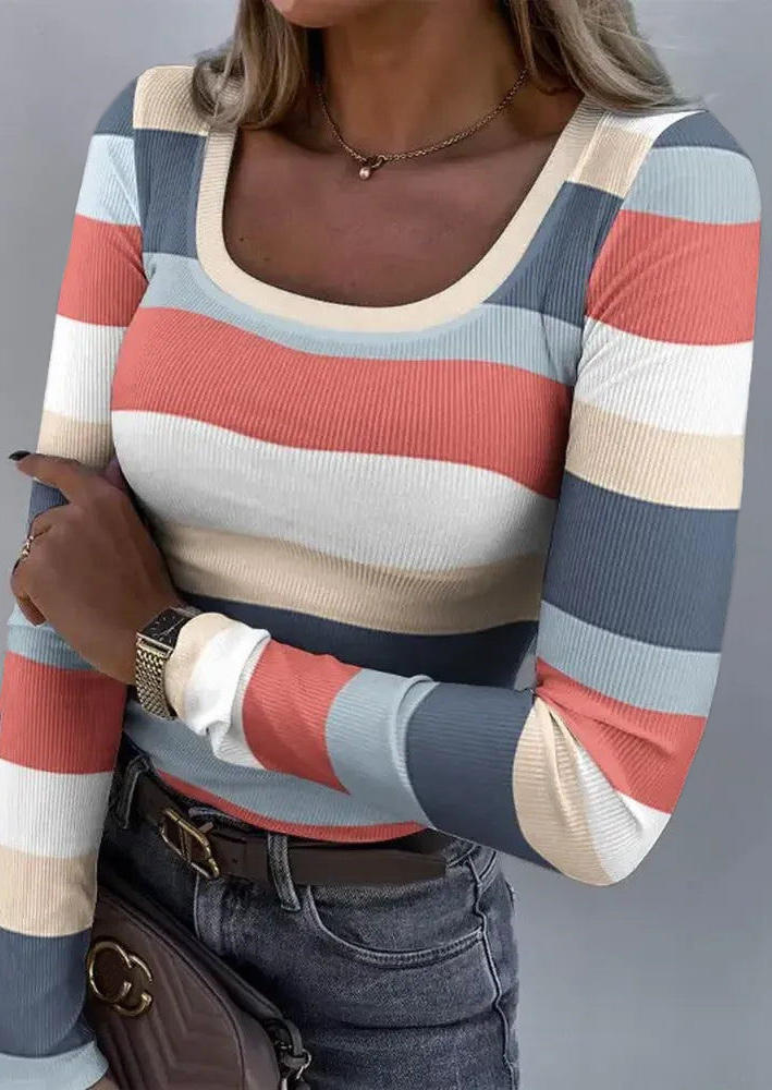 Color Block Long Sleeve O-Neck Blouse