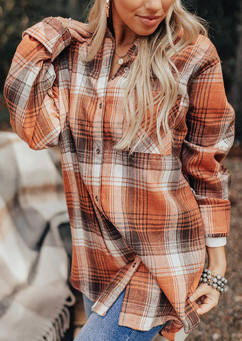 

Coats Plaid Button Pocket Turn-down Collar Shirt Coat in Multicolor. Size
