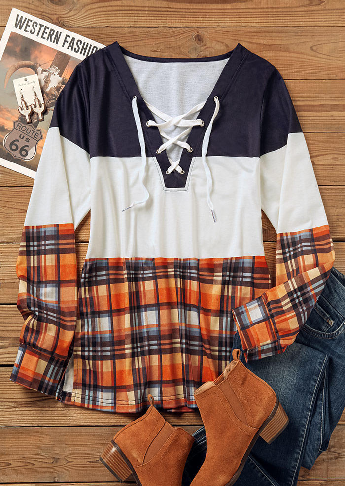 

Sweatshirts Plaid Color Block Lace Up Long Sleeve Sweatshirt in Multicolor. Size