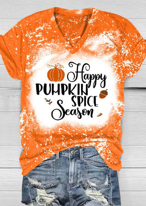 T-shirts Tees Happy Pumpkin Spice Season V-Neck Bleached T-Shirt Tee in Orange. Size: L,S,XL