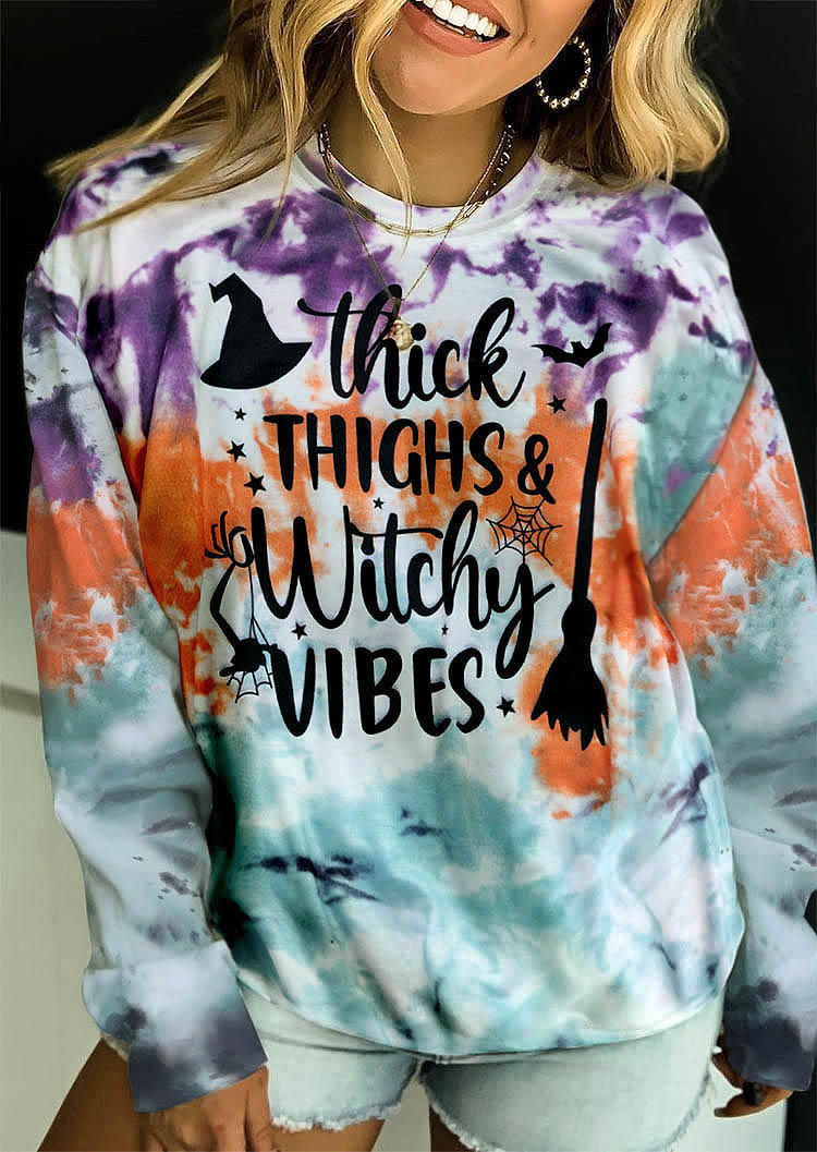 Sweatshirts Halloween Thick Thighs & Witchy Vibes Tie Dye Sweatshirt in Multicolor. Size: M,S,XL