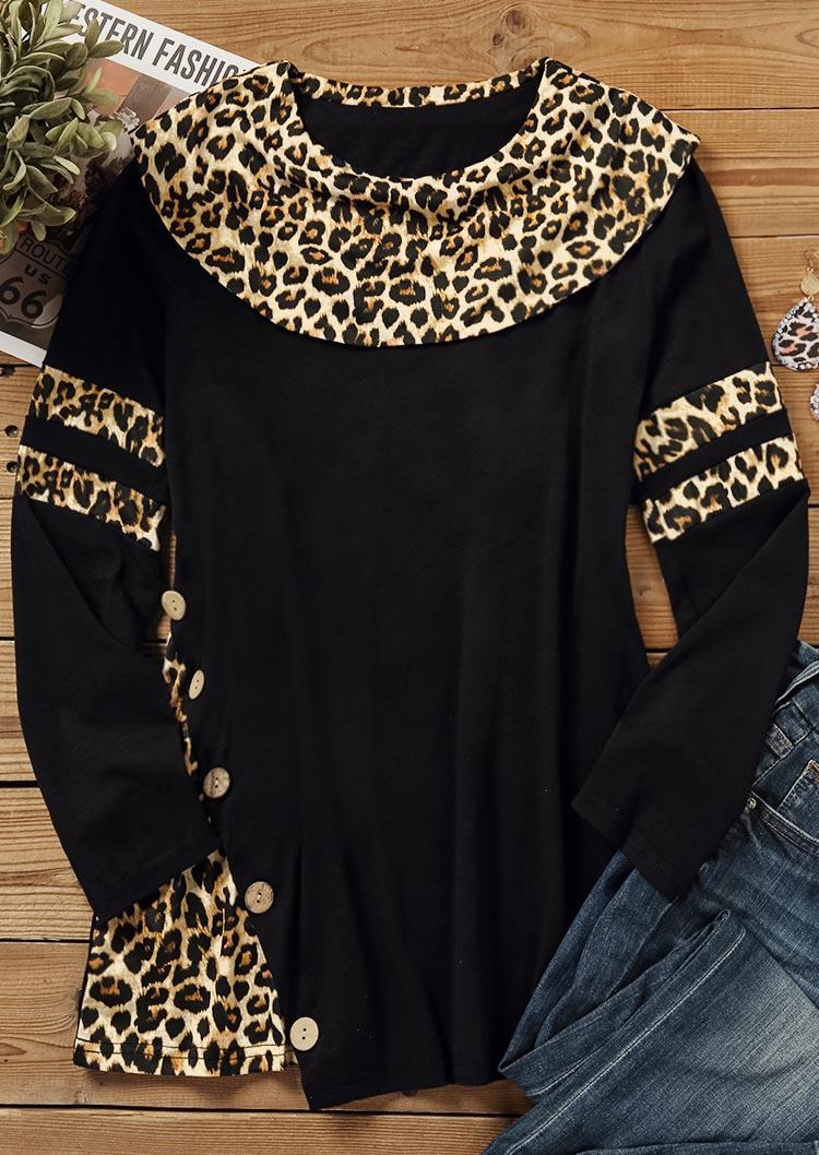 

Blouses Leopard Splicing Button Long Sleeve Blouse in Black. Size: M