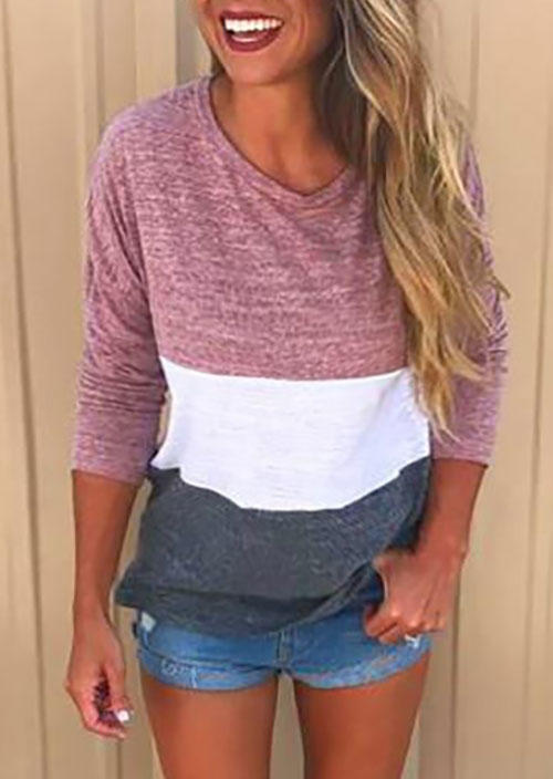 

Blouses Color Block Long Sleeve O-Neck Blouse in Multicolor. Size