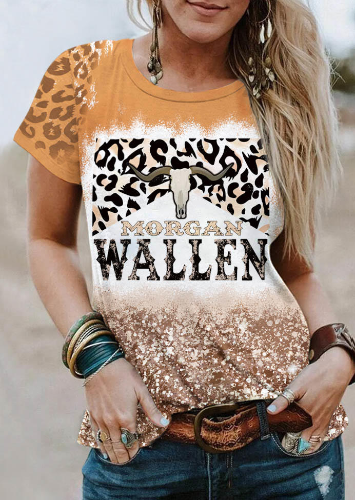 Glitter Steer Skull Leopard Bleached T-Shirt Tee