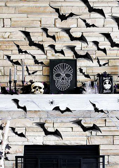 56Pcs Halloween 3D Bat Reusable Wall Decoration Ornament in Black. Size: One Size