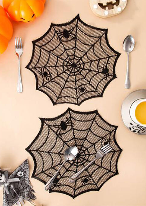 4Pcs Halloween Spider Web Design Placemat in Black. Size: One Size