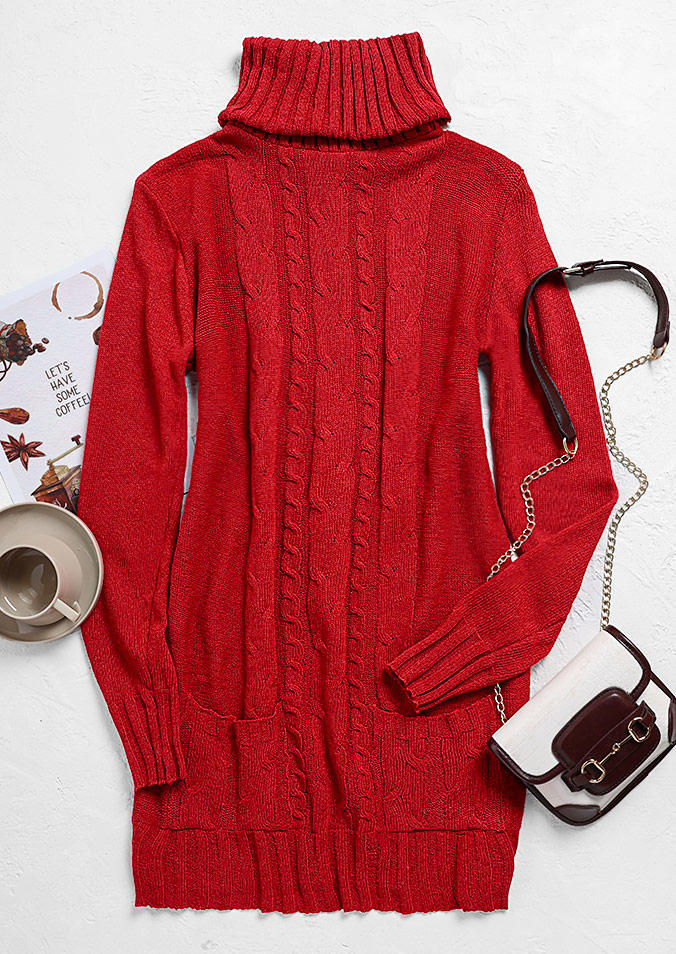 Mini Dresses Crochet Pocket Turtleneck Long Sleeve Mini Dress in Red. Size: L,S