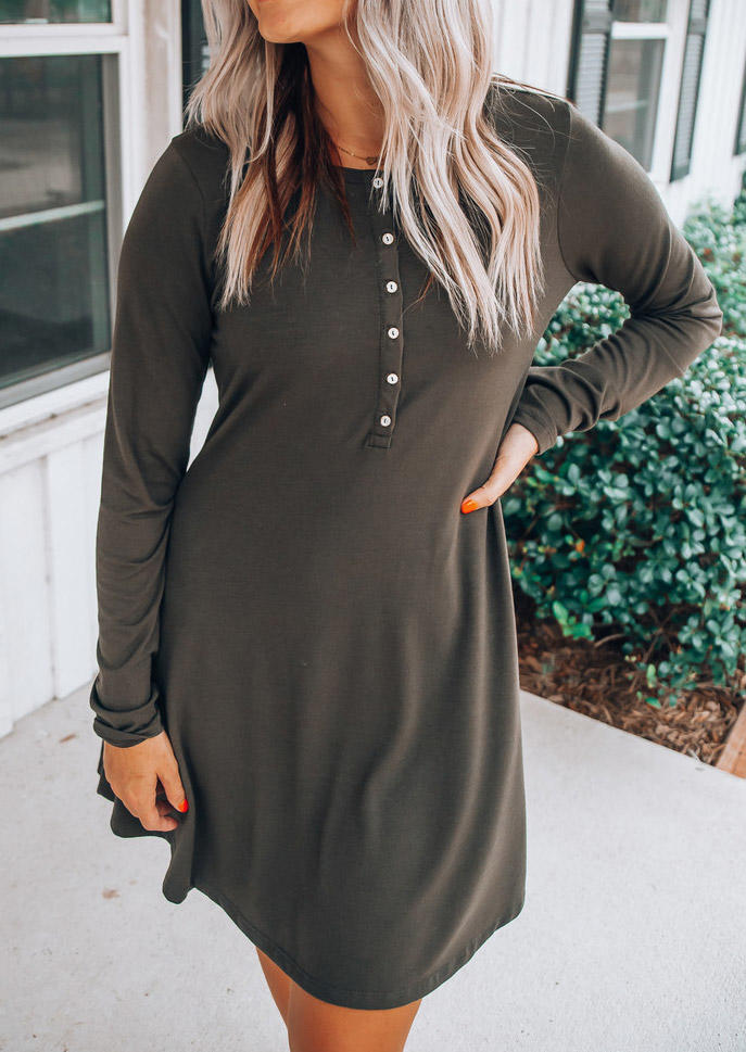 

Mini Dresses Pocket Long Sleeve O-Neck Mini Dress in Gray. Size
