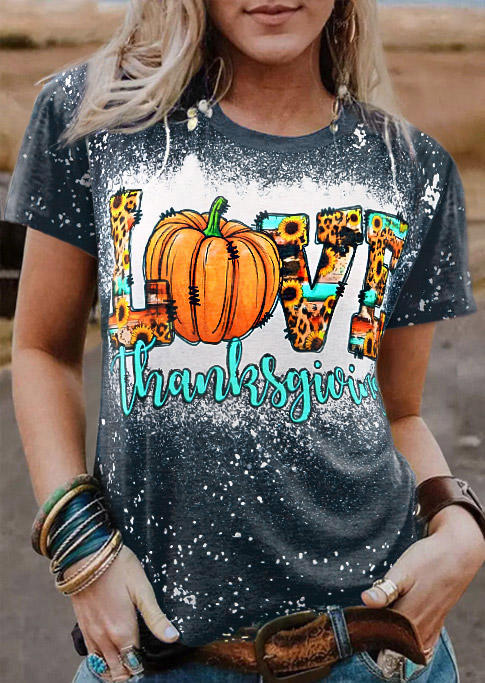 T-shirts Tees Thanksgiving Love Pumpkin Sunflower Bleached T-Shirt Tee in Gray. Size: L,M,S,XL