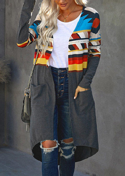 

Cardigans Aztec Geometric Pocket Open Front Cardigan in Gray. Size