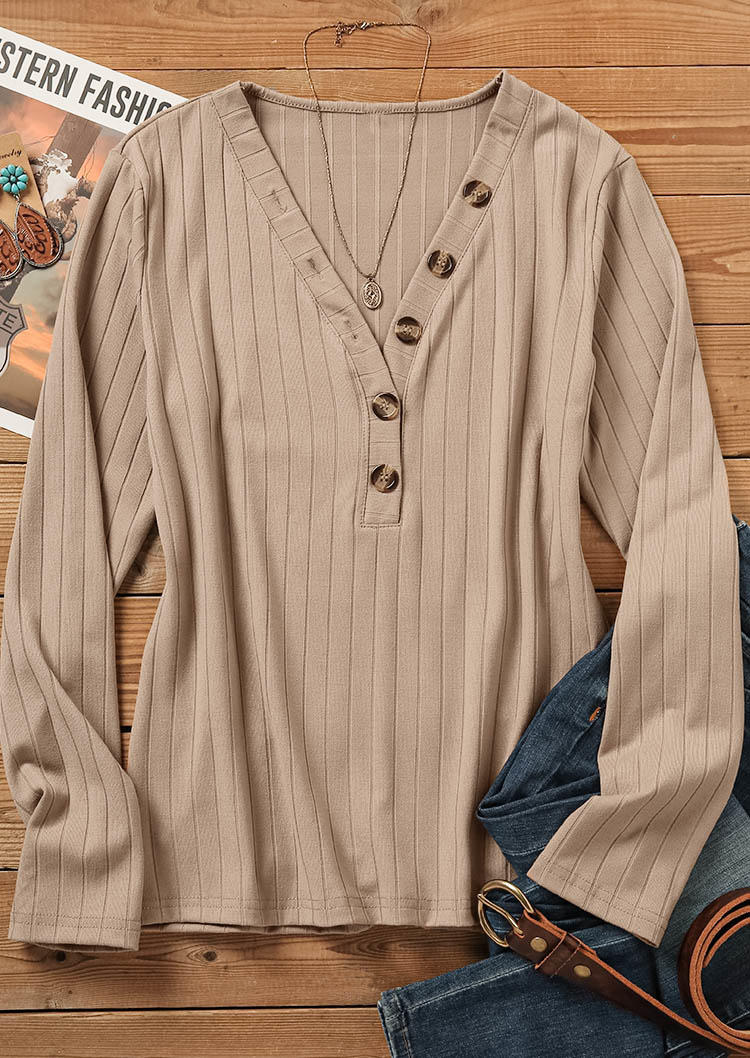 Sweaters Ribbed Button V-Neck Sweater in Khaki. Size: S