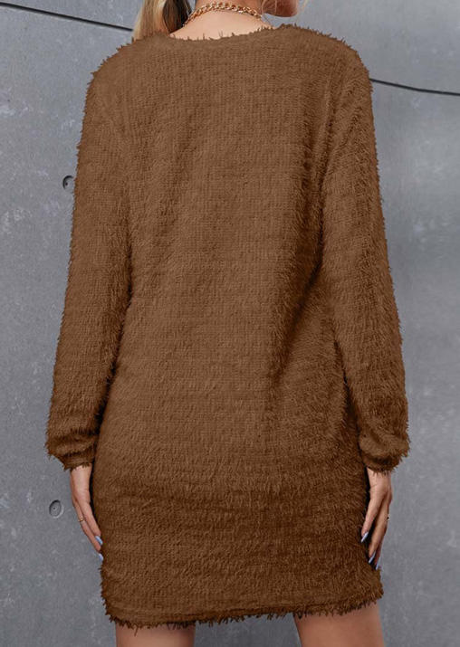 Mini Dresses Winter Plush O-Neck Sweater Mini Dress in Brown. Size: S