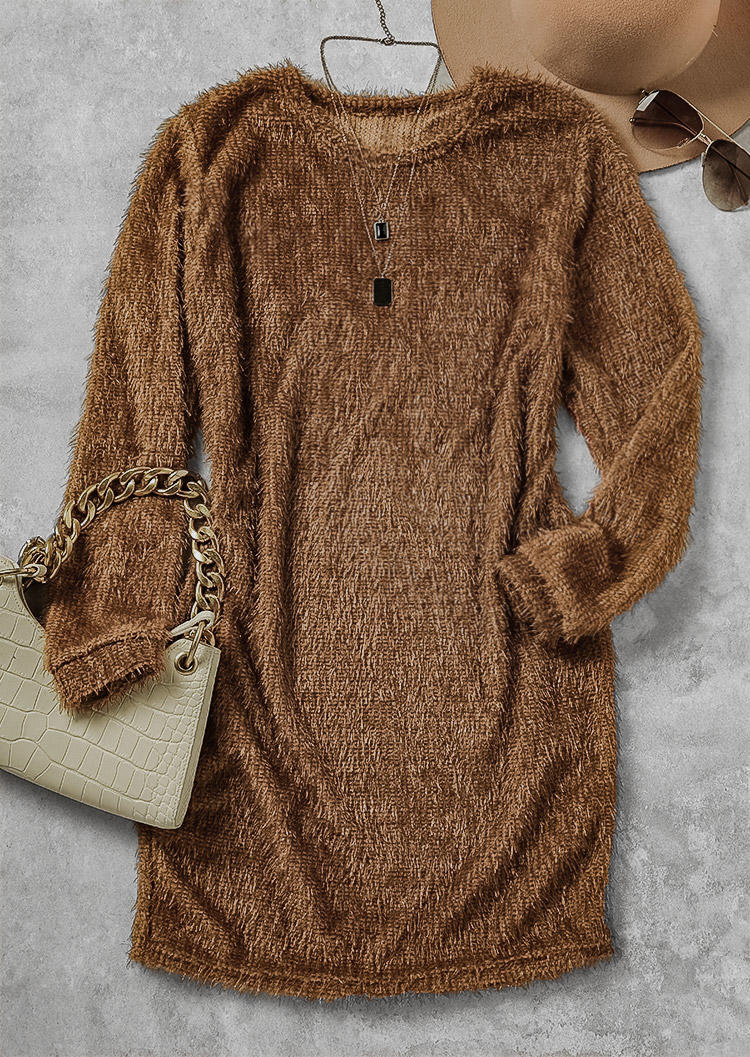 Winter Plush O-Neck Sweater Mini Dress - Brown