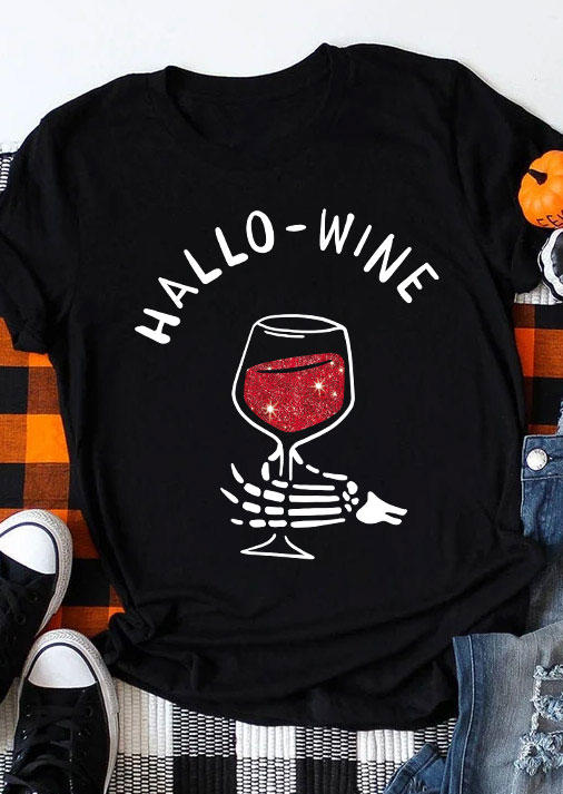

T-shirts Tees Halloween Skeleton Hand Wine Glass T-Shirt Tee in Black. Size
