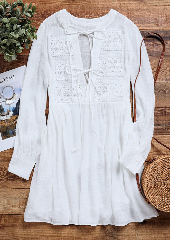 Mini Dresses Hollow Out Long Sleeve Tie Mini Dress in White. Size: L,M,S