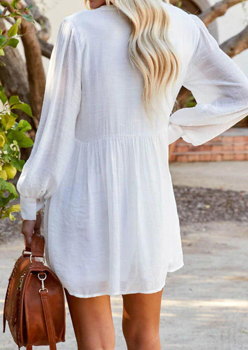Hollow Out Long Sleeve Tie Mini Dress - White
