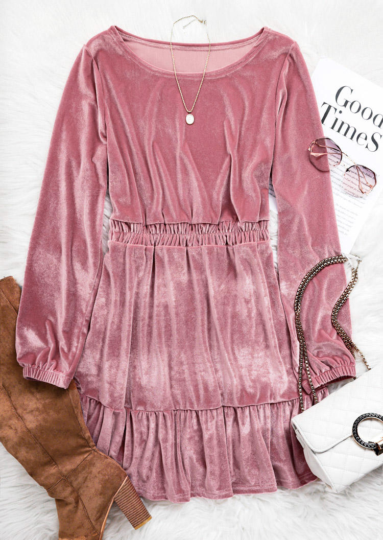 Ruffled Long Sleeve O-Neck Mini Dress - Pink