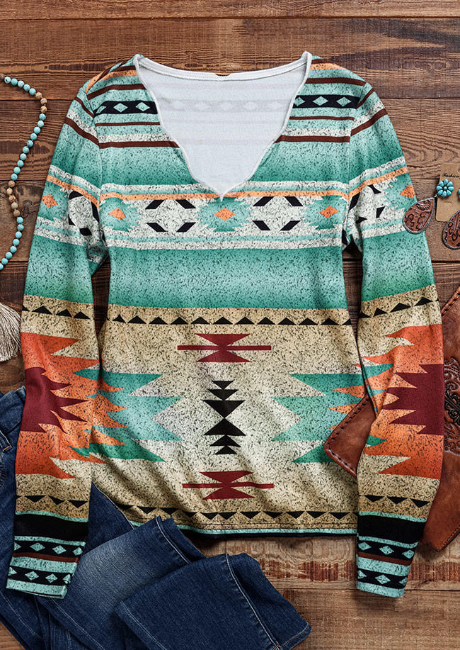 

Blouses Ethnic Aztec Geometric Irregular Collar Blouse in Multicolor. Size
