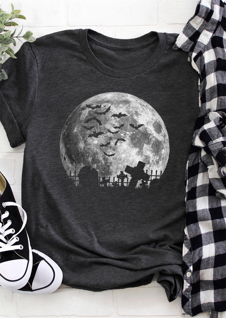 T-shirts Tees Halloween Bat Moon O-Neck T-Shirt Tee in Gray. Size: L