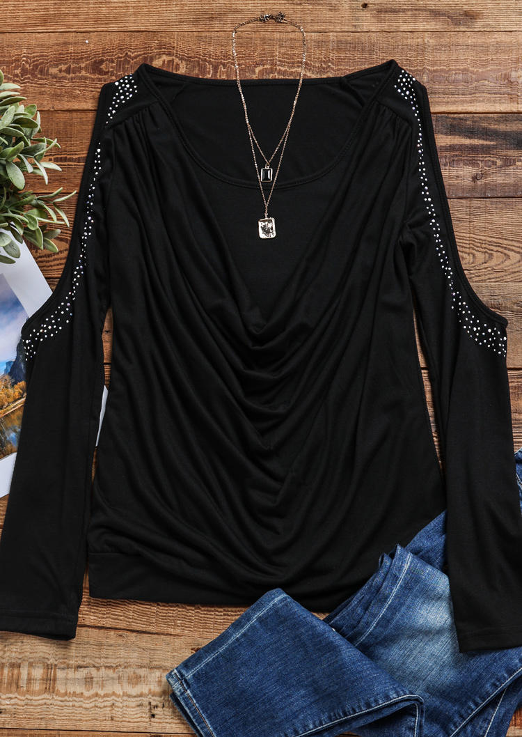 Blouses Ruched Rhinestone Cold Shoulder O-Neck Blouse in Black. Size: S,XL