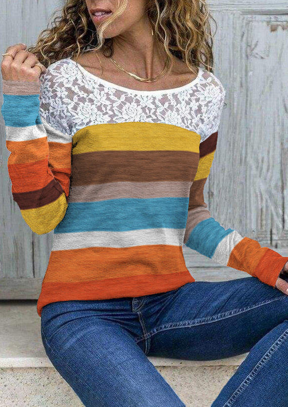 Lace Splicing Colorful Striped Blouse