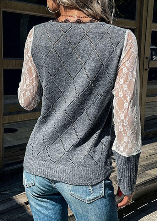 Sweaters Lace Splicing Long Sleeve Sweater in Gray. Size: S