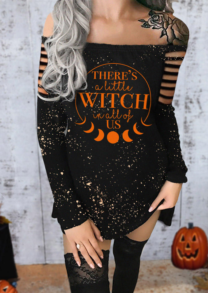 Mini Dresses Halloween There's A Little Witch In All Of Us Hollow Out Off Shoulder Mini Dress in Black. Size: L,M,S
