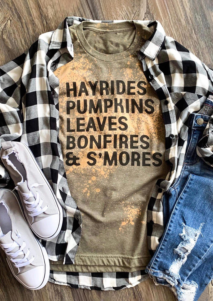 Hayrides Pumpkins Leaves Bonfires & S'mores Bleached T-Shirt Tee - Green