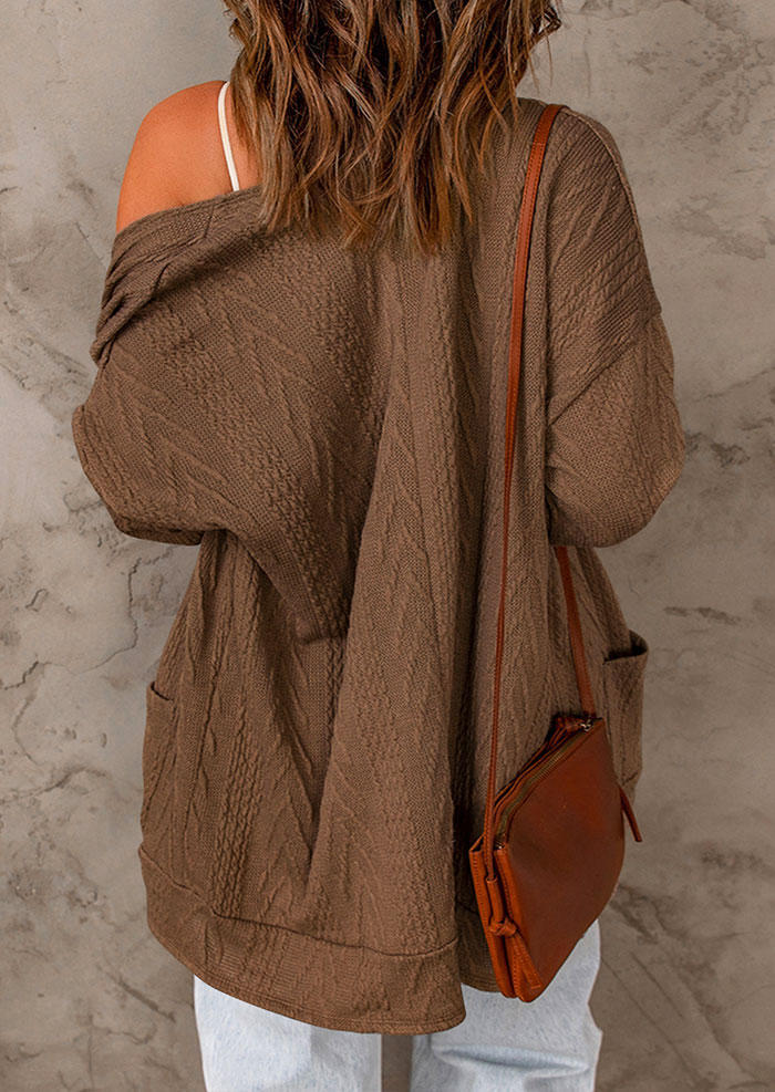 Cardigans Pocket Open Front Knitted Long Sleeve Cardigan in Brown. Size: S