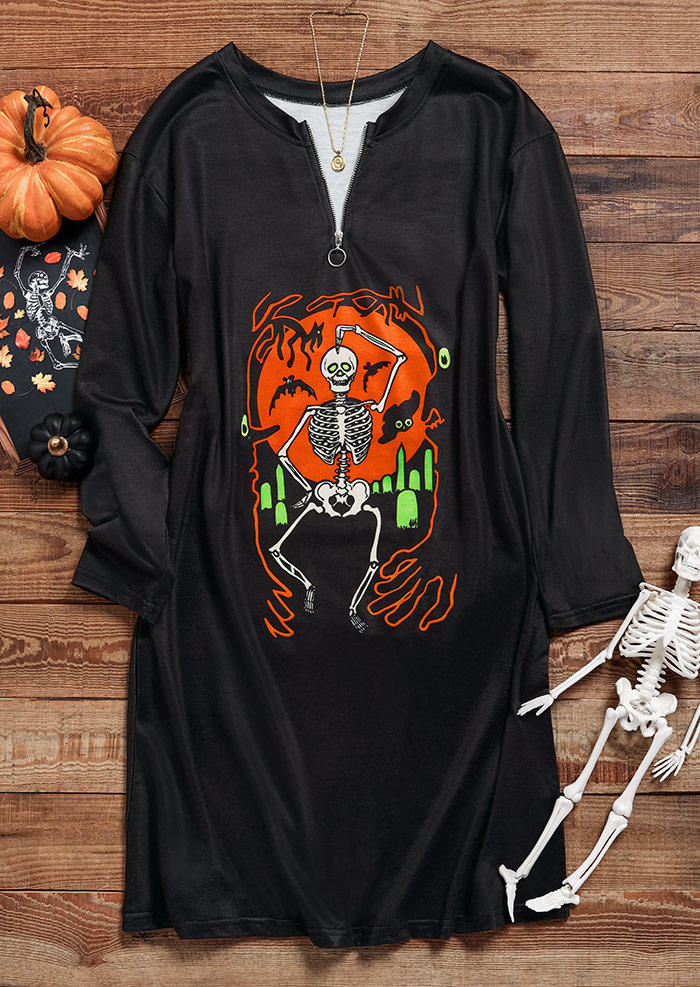 

Mini Dresses Halloween Bat Skeleton Zipper Long Sleeve Mini Dress in Black. Size: L,,XL