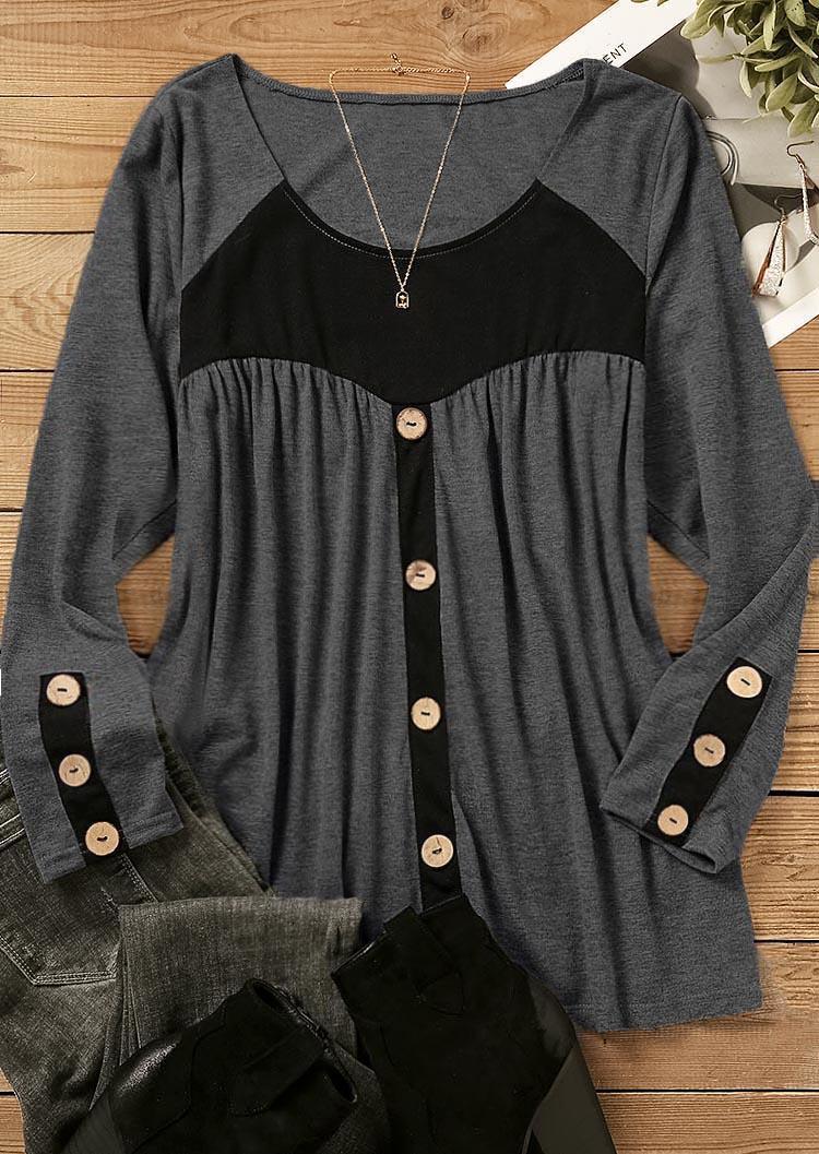 Blouses Color Block Button Ruffled Long Sleeve Blouse in Gray. Size: L,M,XL