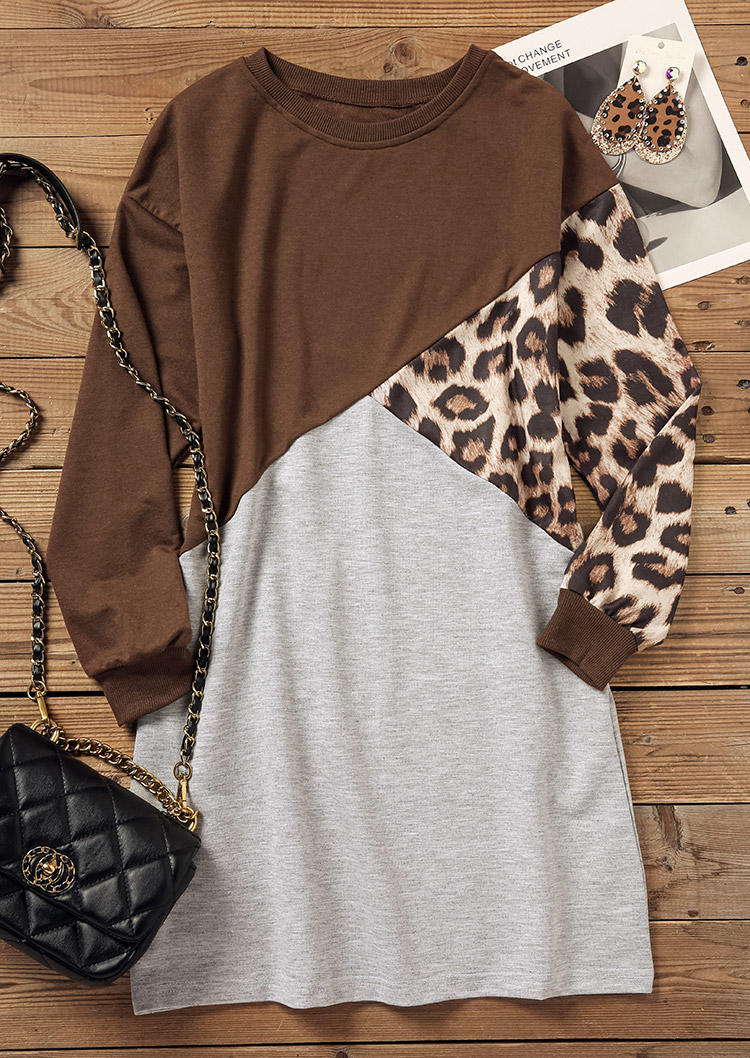 

Mini Dresses Leopard Color Block Long Sleeve Mini Dress in Brown. Size: L,M,,XL