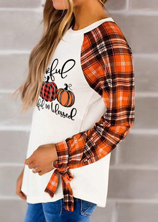 

T-shirts Tees Thankful Grateful And Blessed Buffalo Plaid Pumpkin T-Shirt Tee in White. Size: L,M
