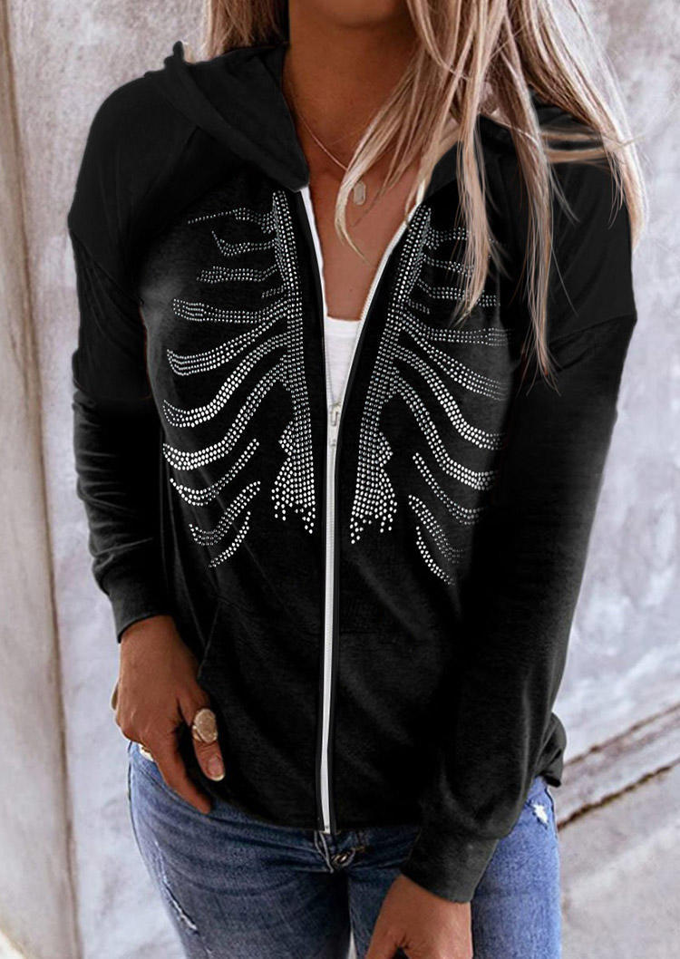 

Coats Halloween Skeleton Rhinestone Zipper Pocket Long Sleeve Hooded Coat in Black. Size