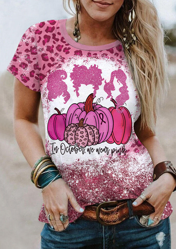 Breast Cancer Awareness In October We Wear Pink Leopard Pumpkin T-Shirt Tee