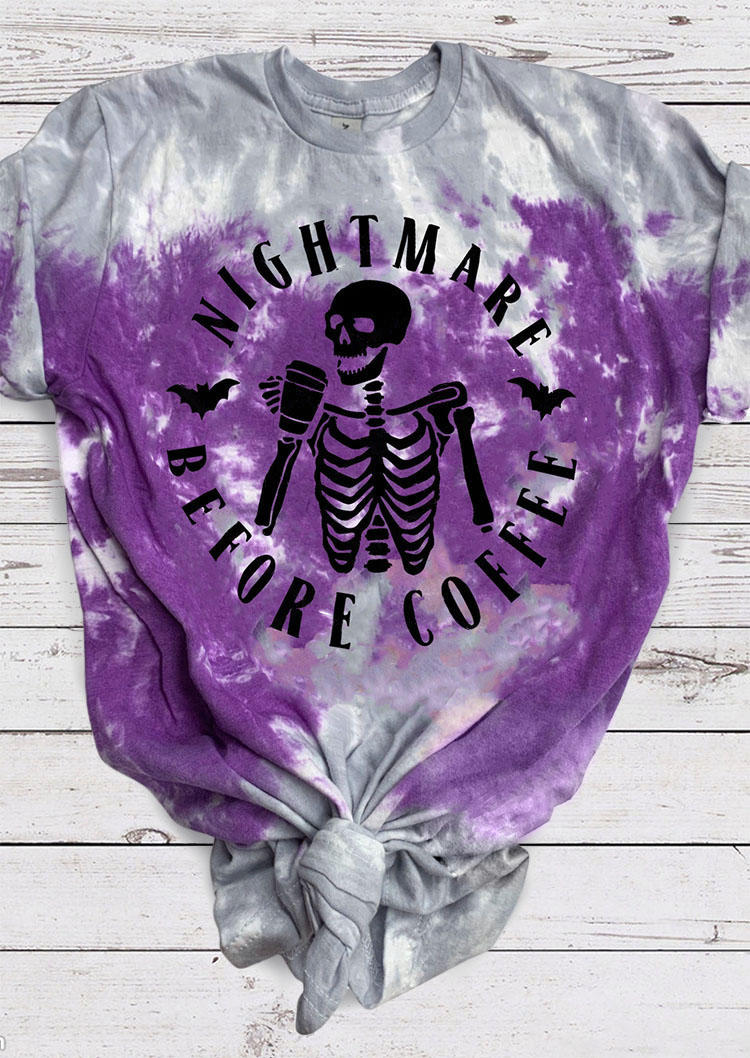 T-shirts Tees Halloween Nightmare Before Coffee Bat Skeleton Tie Dye T-Shirt Tee in Multicolor. Size: M,S,XL