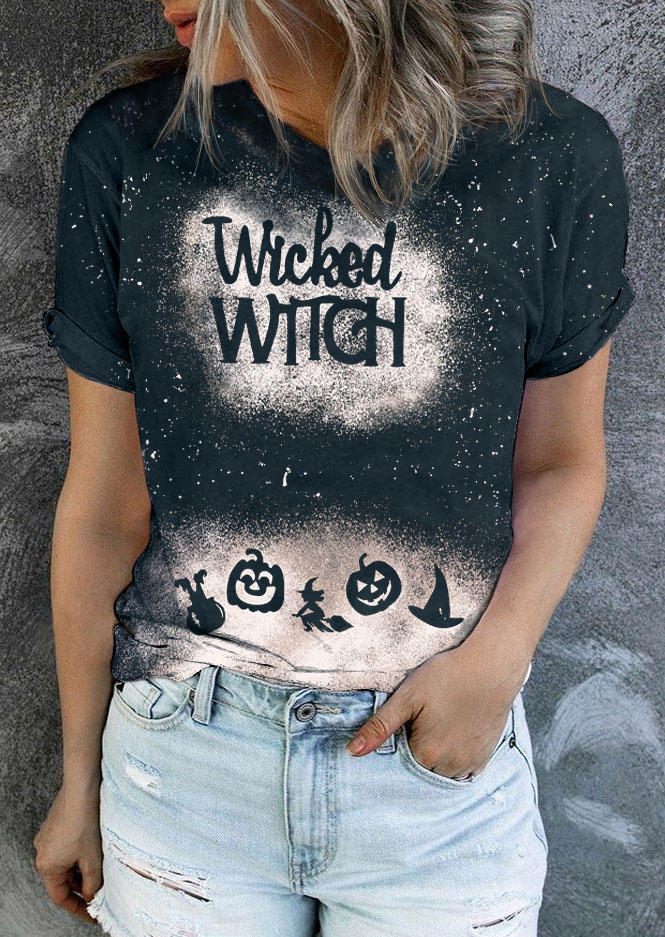 Halloween Wicked Witch Pumpkin Face Bleached T-Shirt Tee - Black