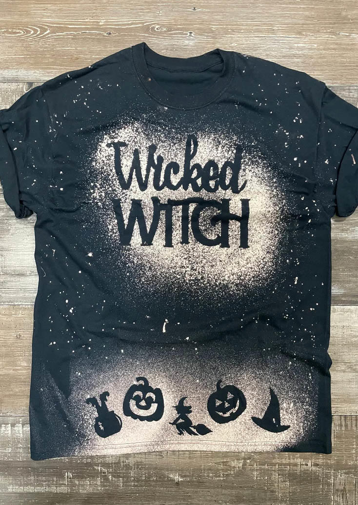 T-shirts Tees Halloween Wicked Witch Pumpkin Face Bleached T-Shirt Tee in Black. Size: L,M,S,XL