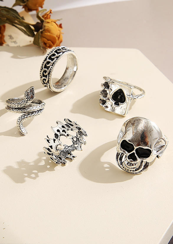 

Rings 5Pcs Halloween Skull Snake Hollow Out Ring Set in Silver. Size