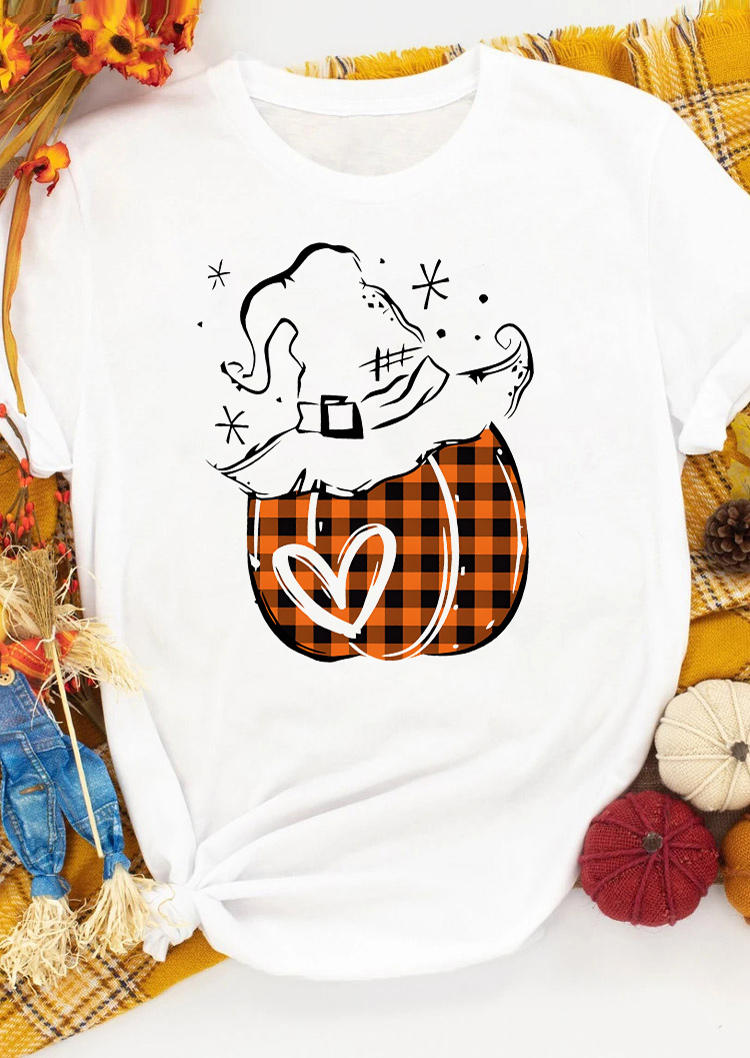 

T-shirts Tees Halloween Pumpkin Plaid Heart O-Neck T-Shirt Tee in White. Size