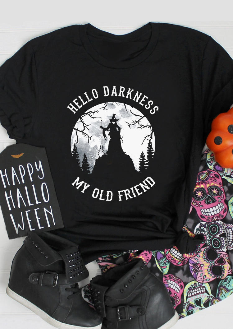 

T-shirts Tees Halloween Hello Darkness My Old Friend Witch T-Shirt Tee in Black. Size