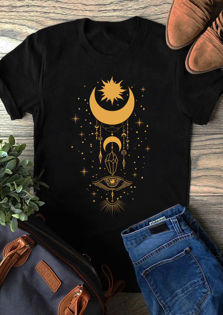 

T-shirts Tees Sun Moon Star O-Neck T-Shirt Tee in Black. Size: L,,XL