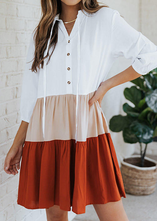 Color Block Ruffled Button Long Sleeve Mini Dress