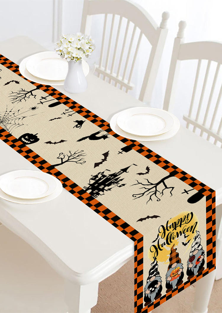 

Table Cloths Happy Halloween Pumpkin Skull Table Runner in White. Size