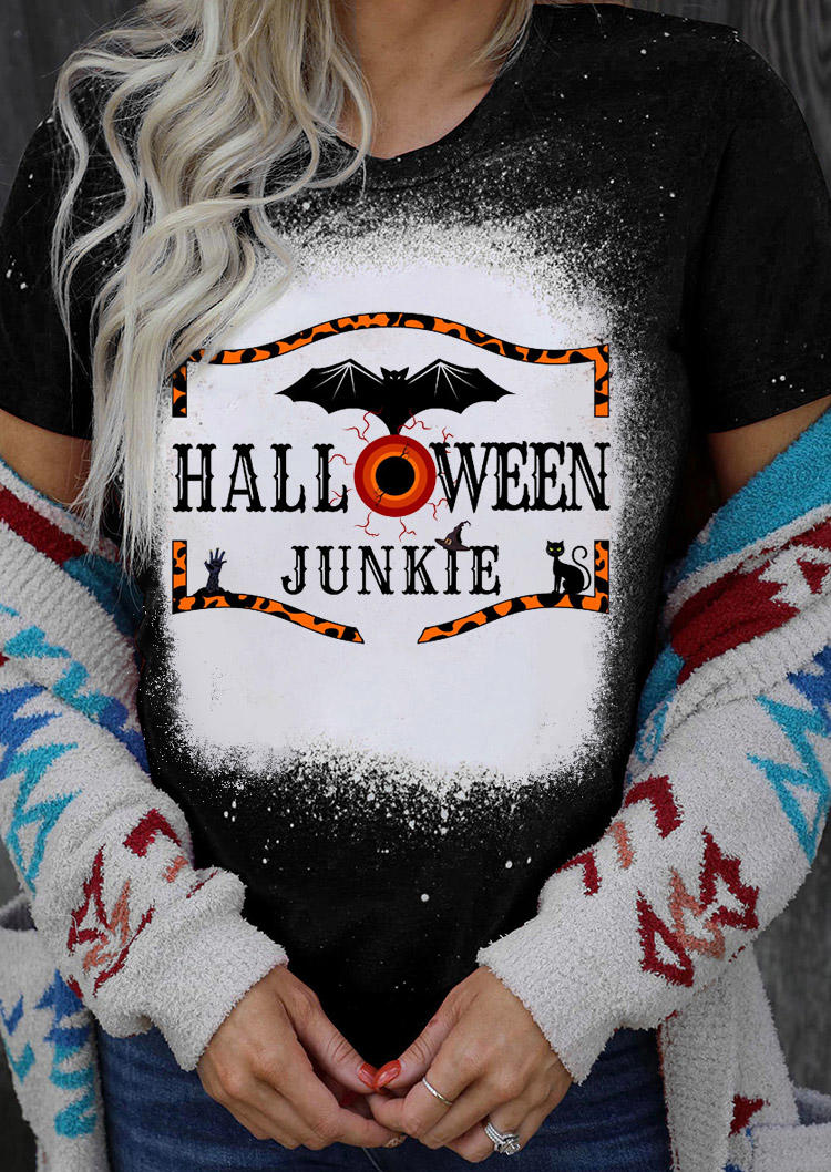 Halloween Junkie Bat Cat Bleached T-Shirt Tee - Black