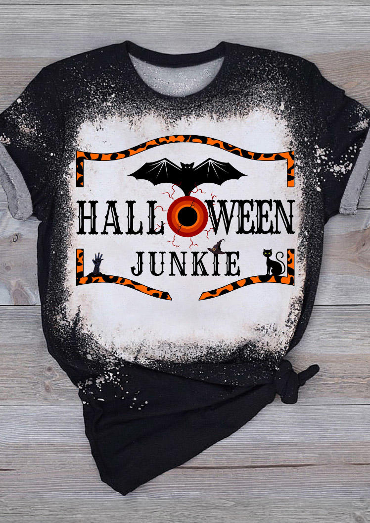 

T-shirts Tees Halloween Junkie Bat Cat Bleached T-Shirt Tee in Black. Size