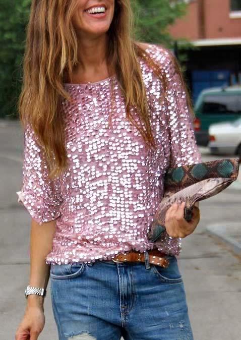 Blouses Sequined O-Neck Half Sleeve Blouse in Pink. Size: L,M,S,XL