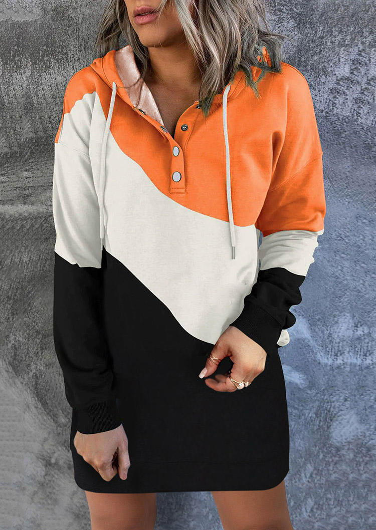 Color Block Button Hooded Mini Dress