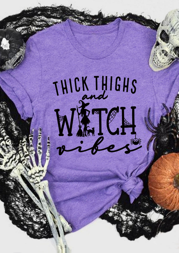 T-shirts Tees Halloween Thick Thighs And Witch Vibes T-Shirt Tee in Purple. Size: L,M,S